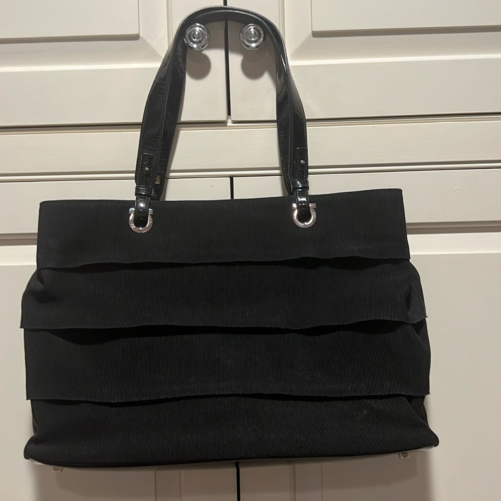 Ferragamo Black Tiered Grosgrain Fabric & Patent Leather Handbag